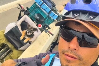 ele-que-me-adotou,-diz-catarinense-que-esta-cruzando-o-brasil-de-bicicleta-com-cachorro