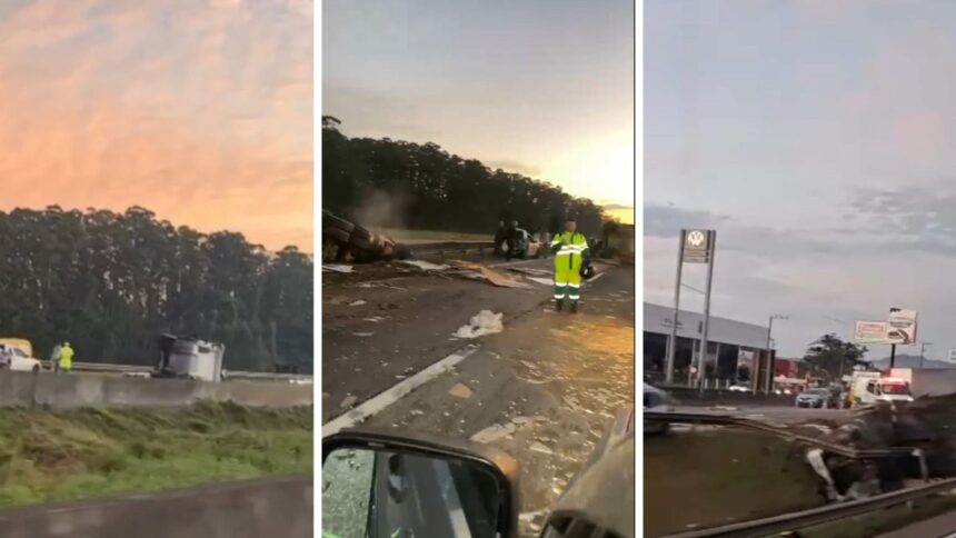agora:-caminhao-tomba,-interdita-rodovia-e-causa-congestionamento-na-br-101-em-sc