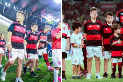 dois-meninos-de-sc-sao-escolhidos-entre-quase-500-criancas,-entram-em-campo-com-jogadores-do-flamengo-e-ganham-uniformes-autografados-pelo-idolo-zico